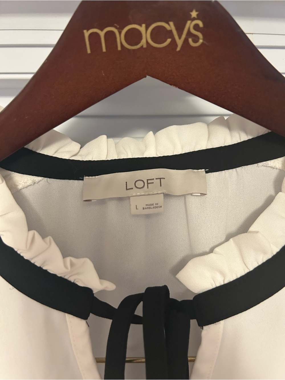 LOFT White Blouse with Black Trim and Tie Neck Size Large - Picture 3 of 3